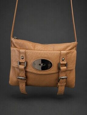 Danier Tan Leather Messenger with Turn-Lock and Buckle Accents